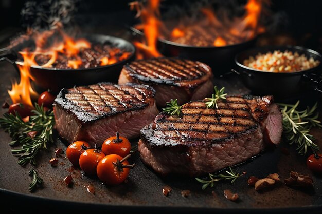 heerlijke gegrilde varkensvlees of rundvlees steaks vallen naar beneden