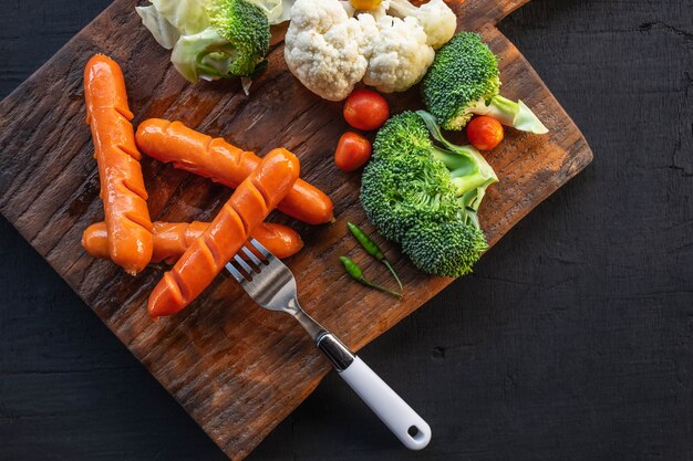 Heerlijke gegrilde worstjes en gezonde groenten op een houten tafel