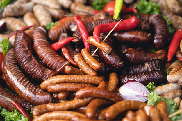 Foto heerlijke gegrilde worstjes met salade en groenten