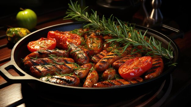 Heerlijke gegrilde worstjes met tomaten in een pan.