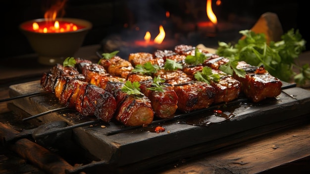 Heerlijke gegrilde yakitori met groentetoppen op een wazige achtergrond