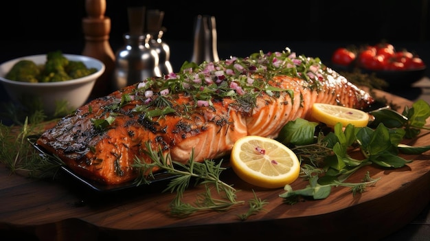 Heerlijke gegrilde zalm met groente bovenop zwart en wazige achtergrond