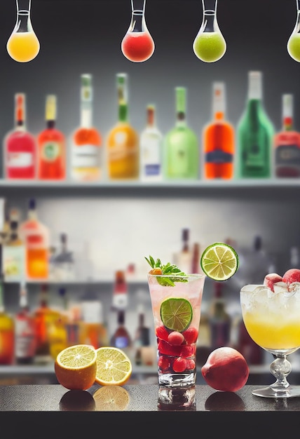 Heerlijke gekleurde cocktail met ijs en fruit op de achtergrond van de bar met flessen