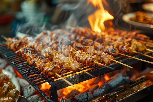 Heerlijke gemarineerde gespleten vlees gekookt op een vlammende grill met rook opstijgen in een buitenruimte