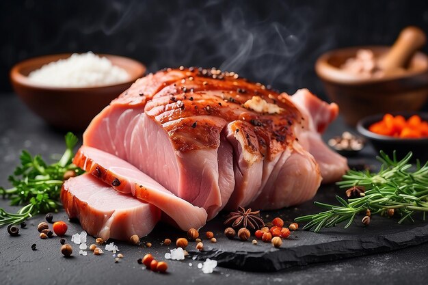 Heerlijke gerookte varkens- of kippenvlees met gezouten specerijen en kruiden op een donkere betonnen achtergrond