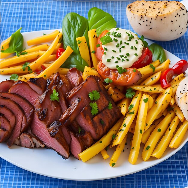 Heerlijke geroosterde vlees met saus groenten en friet Braziliaanse voedsel generatieve ai