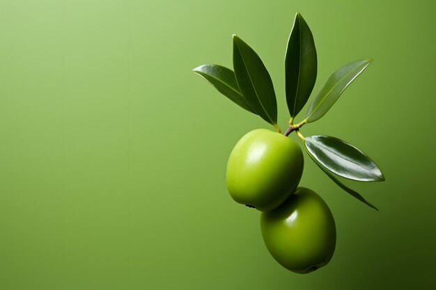 Heerlijke groene olijven met bladeren op een groene achtergrond