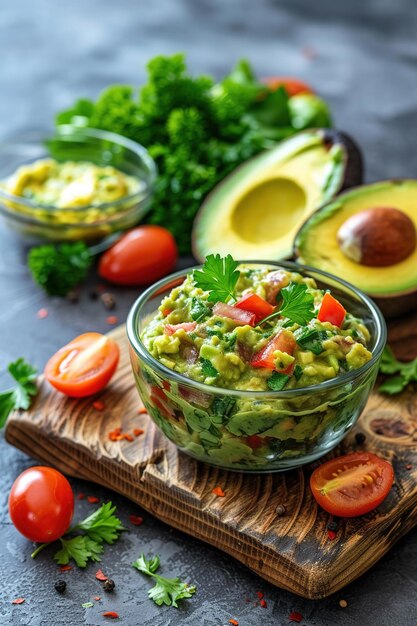 Heerlijke guacamole met peterselie, tomaten en verse avocado's in een glazen schaal op een houten plank