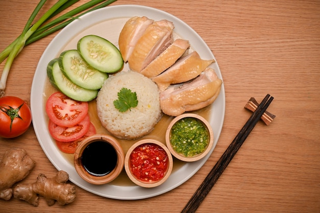 Heerlijke Hainanese kiprijst wordt geserveerd met drie sauzen, evenals komkommer- en tomatenglaasjes