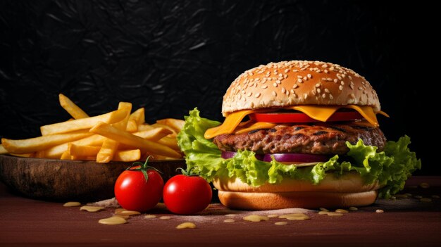 Heerlijke hamburger en frietjes Voedselcombinatie Fotorealistische horizontale illustratie Klassieke hamburgercombo Ai Gegenereerde heldere illustratie met heerlijke aromatische hamburger en frietjes