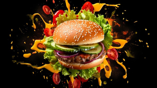 Heerlijke hamburger geïsoleerd op zwarte achtergrond voor het menu en reclame Premium burger art