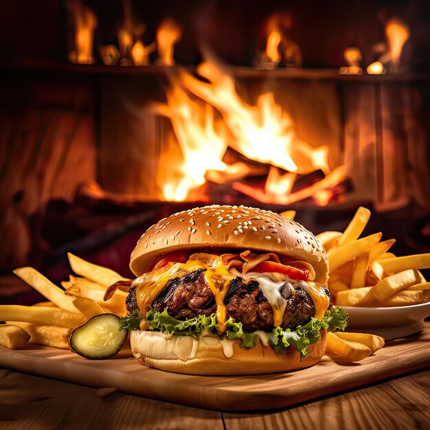 Heerlijke hamburger geserveerd op houten planken Deze cheeseburger is opgenomen in een fastfood reclame stijl Generatieve AI illustratie