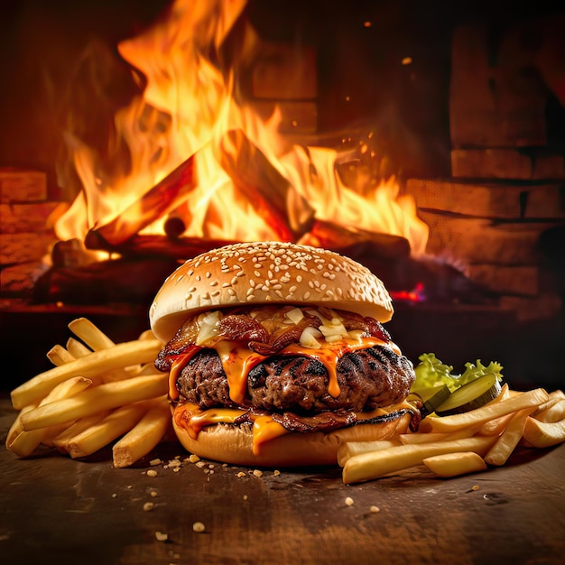 Foto heerlijke hamburger geserveerd op houten planken deze cheeseburger is opgenomen in een fastfood reclame stijl generatieve ai illustratie