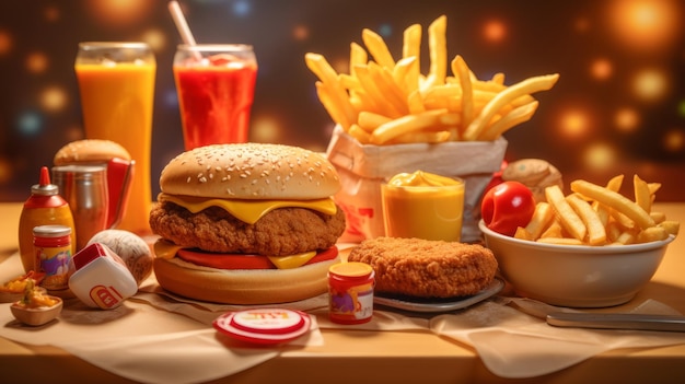 Heerlijke hamburger met friet en cola op tafel.