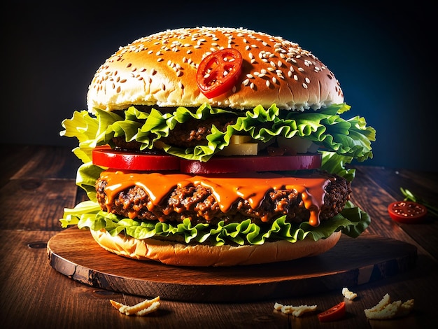 Heerlijke hamburger met rundvlees en verse groenten op een zwarte achtergrond met vlees gegenereerd door AI