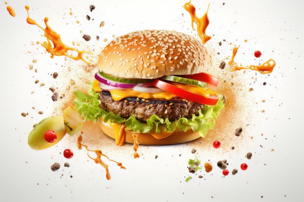 Heerlijke hamburger met veel ingrediënten geïsoleerd op witte achtergrond smakelijke cheeseburge