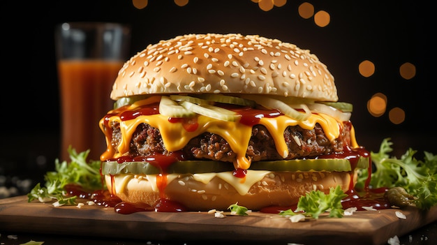 Heerlijke hamburger op een zwarte achtergrond met verse ingrediënten en de lagen che.