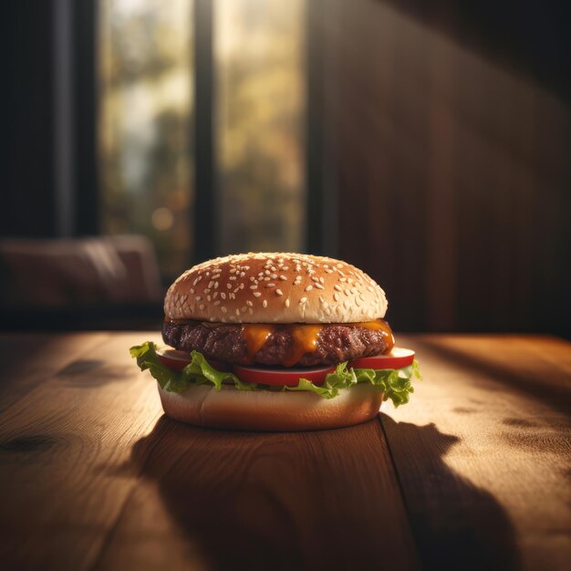 Heerlijke hamburger op houten tafel