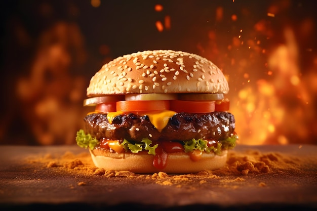 Heerlijke hamburgers met spatten vuur en rook op de achtergrond
