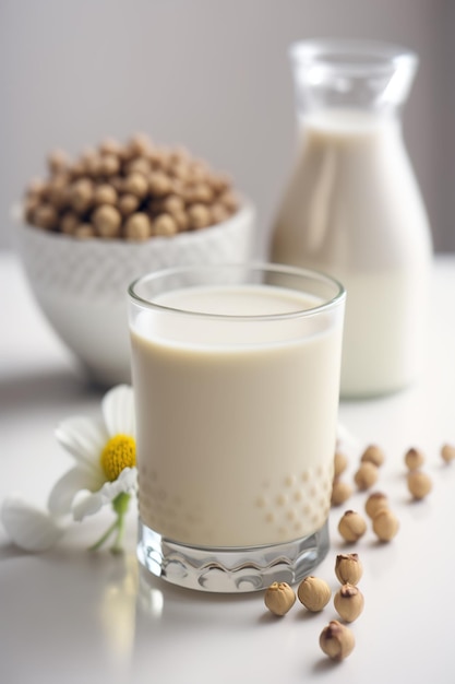 Heerlijke hazelnootmelk in een glas op een witte tafel Generatieve AI