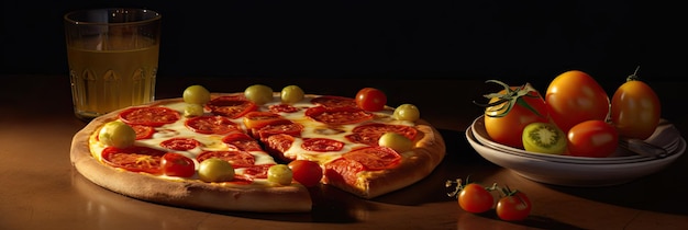 heerlijke hele italiaanse pizza op een houten tafel met ingrediënten traditioneel italiaans eten