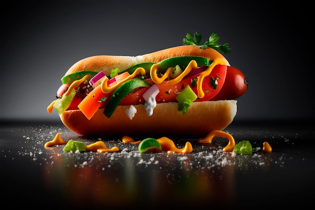 Heerlijke hotdog geïsoleerd op zwarte achtergrond AI gegenereerd Fastfood Straatvoedsel
