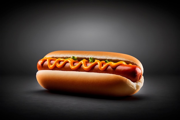 Heerlijke hotdog geïsoleerd op zwarte achtergrond AI gegenereerd Fastfood Straatvoedsel