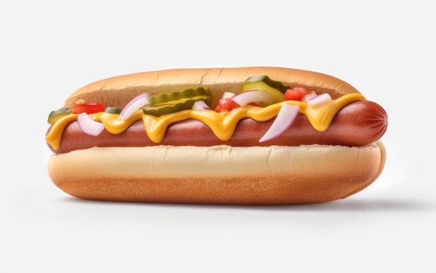 Heerlijke hotdog met mosterd en ui geïsoleerd op een witte achtergrond