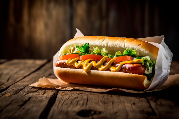 Heerlijke hotdog op rustieke houten tafel AI gegenereerd Fastfood Straatvoedsel