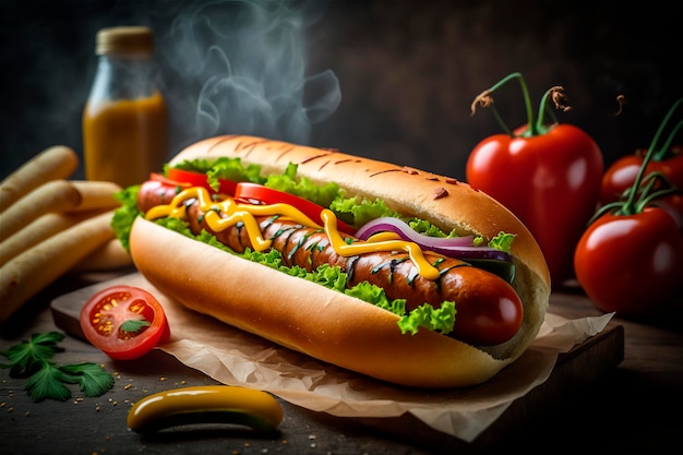 Heerlijke hotdog op rustieke houten tafel AI gegenereerd Fastfood Straatvoedsel