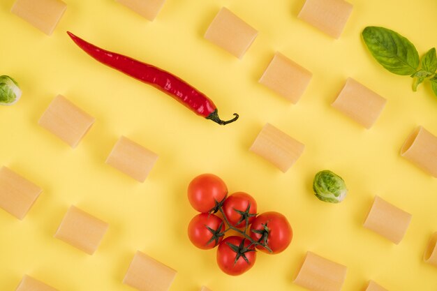 Heerlijke ingrediënten voor een Italiaans gerecht gerangschikt op een gele achtergrond.