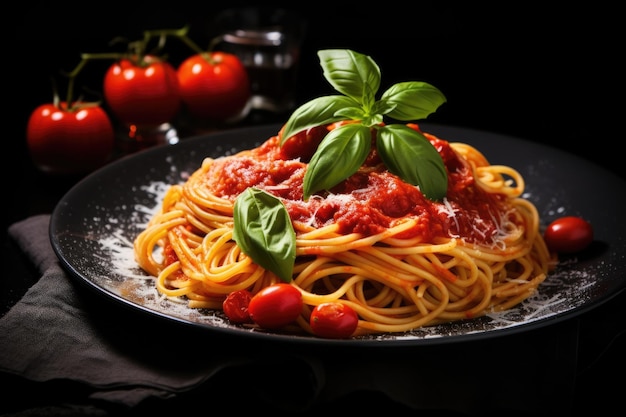 Heerlijke Italiaanse spaghetti geserveerd op een zwarte plaat met verse tomaten, rode saus en basilicum