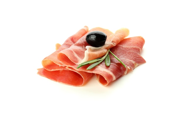 Heerlijke jamon vlees geïsoleerd op een witte achtergrond