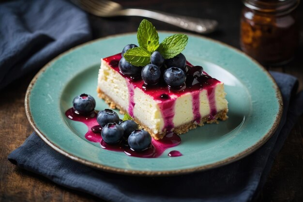 Heerlijke kaaskoek met bosbessen en munt op het bord.