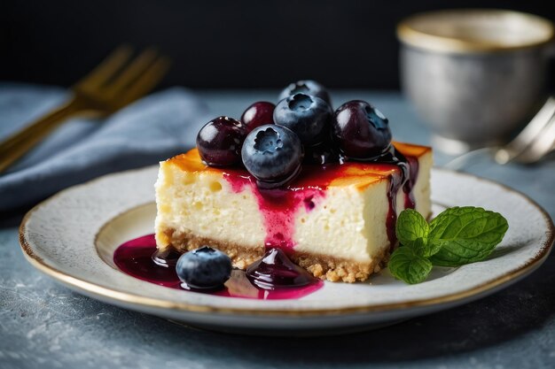 Heerlijke kaaskoek met bosbessen en munt op het bord.