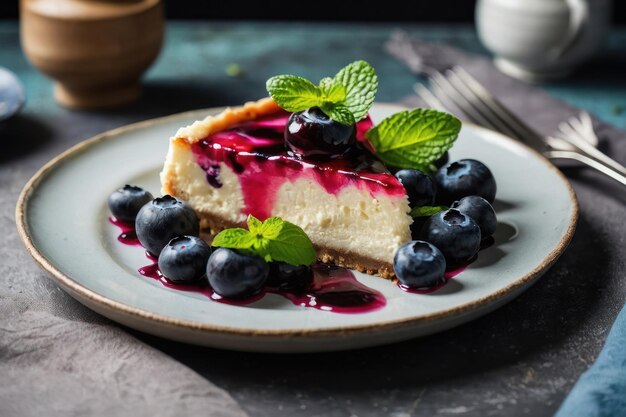 Heerlijke kaaskoek met bosbessen en munt op het bord.