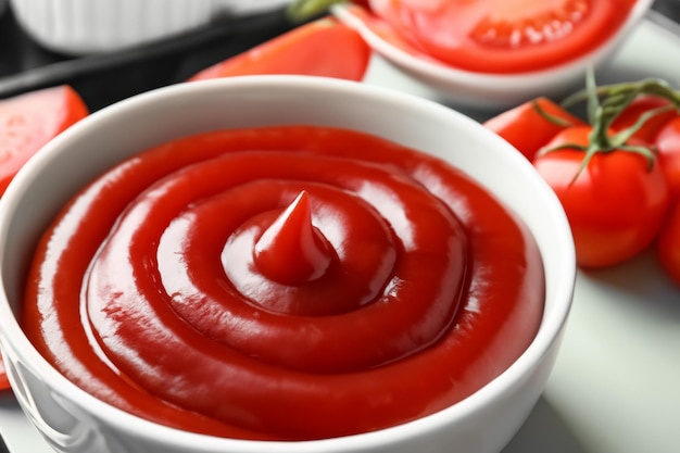 Heerlijke ketchup in kom met ingrediënten op dienblad