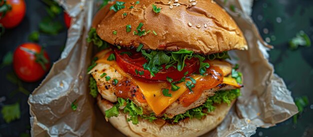 Heerlijke kippenbroodje met tomaten en sla.