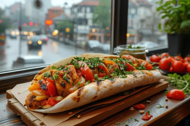 Heerlijke kipverpakking geserveerd op een houten tafel in een stedelijk café