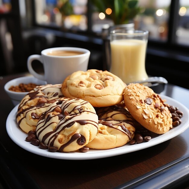 Heerlijke koekjes geserveerd op een houten plank op de tafel in het café