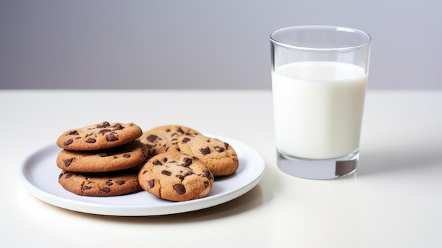 Foto heerlijke koekjes met chocolade op een wit bord vergezeld van een glas verse melk op een lichte tafel, wat een aantrekkelijk idee voor een ontbijt of snack voor kinderen suggereert