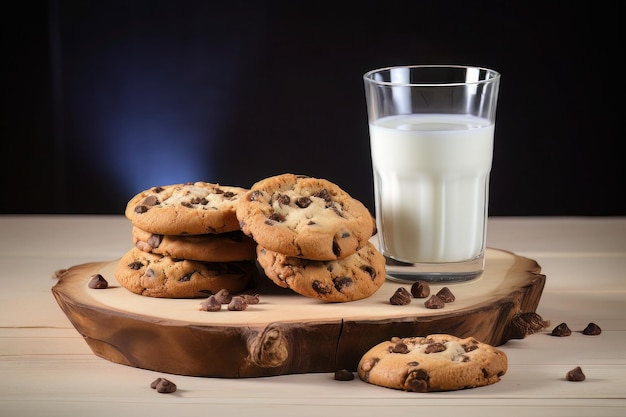 Heerlijke koekjes op een houten bord en een glas melk