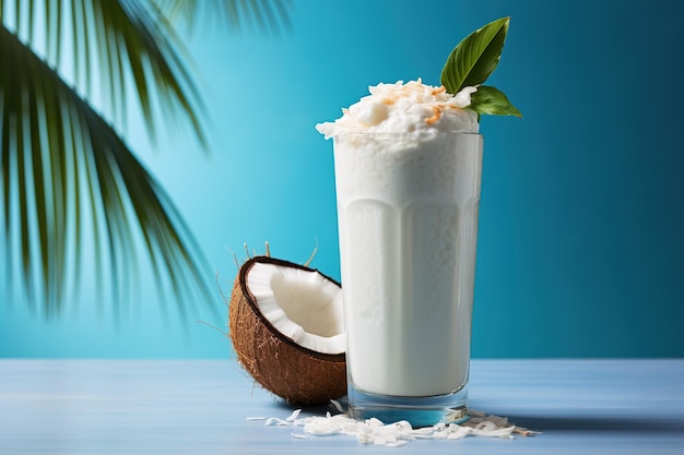 heerlijke kokosmelk milkshake met facetten hoog glas naast de helft van de kokospalmblaadjes blauwe achtergrond