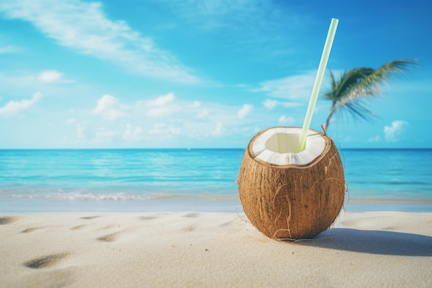Heerlijke kokosnoot met een strandachtergrond