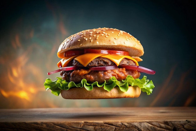 Heerlijke lekkere vliegende burger boven een tafel kaas burger met spek