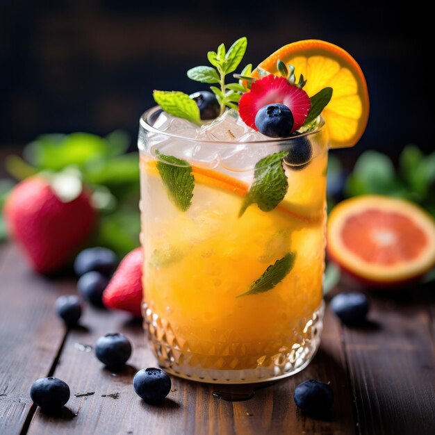 heerlijke lente-geïnspireerde cocktail versierd met vers fruit en kruiden