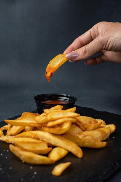 Heerlijke levering van Franse frietjes met saus close-up