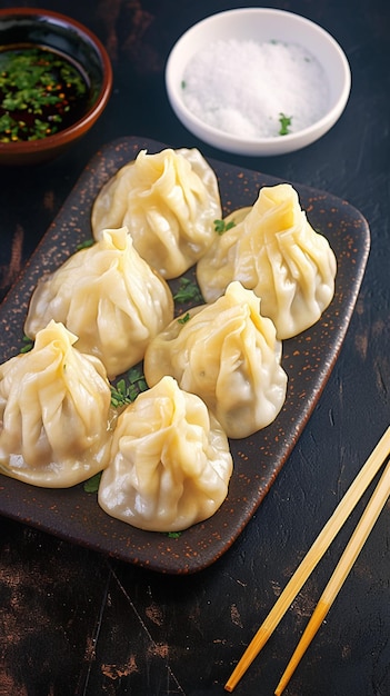 Heerlijke manti dumplings aangelegd op een donkere achtergrond Vertical Mobile Wallpaper