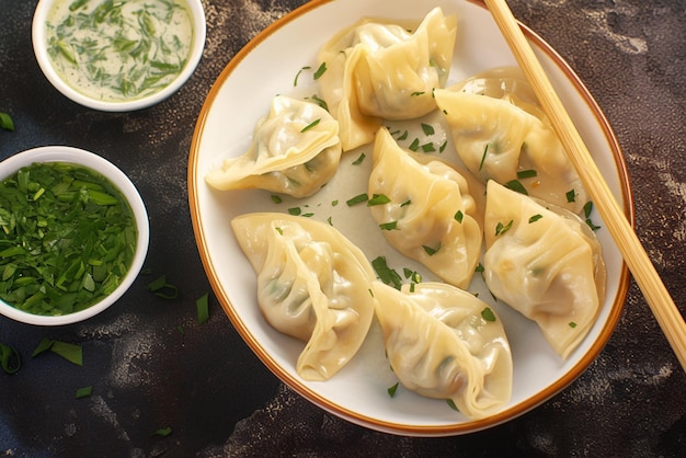 Heerlijke manti dumplings verleidelijk gerangschikt op een donkere achtergrond