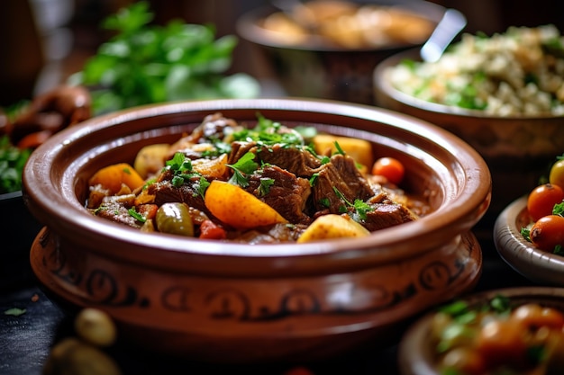 Foto heerlijke marokkaanse lamstajine langzaam gegaard met verse groenten en een verscheidenheid aan aromatische kruiden